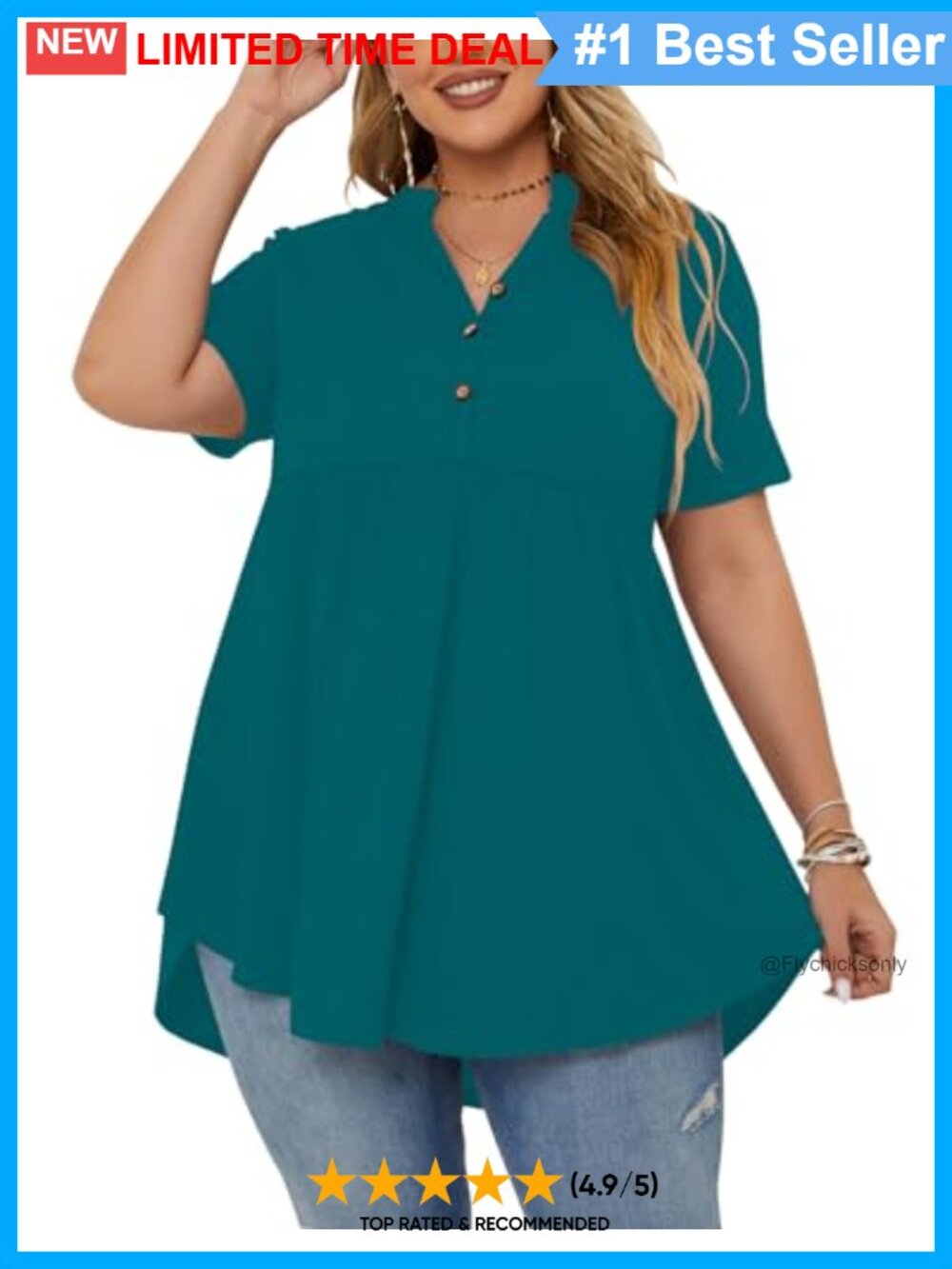 Plus Size Short Sleeve Tunic Top V-Neck Button Pleated Flowy Summer Blouse